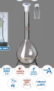 Flask, Volumetric, Clear Wide Mouth, Class A, USP, QR Coded with Penny Head glass & PE Stopper, Calibrated at 20°C