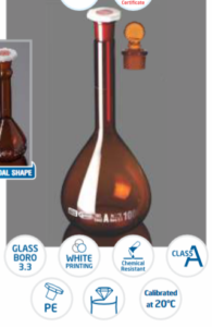 Flask, Volumetric, Amber Wide Mouth, Class A, USP, QR Coded with Penny Head Glass & Plastic Stopper, Calibrated at 20°C