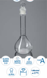 Flask, Volumetric, Clear, Class A, with Penny Head Glass Stopper, Calibrated at 27°C